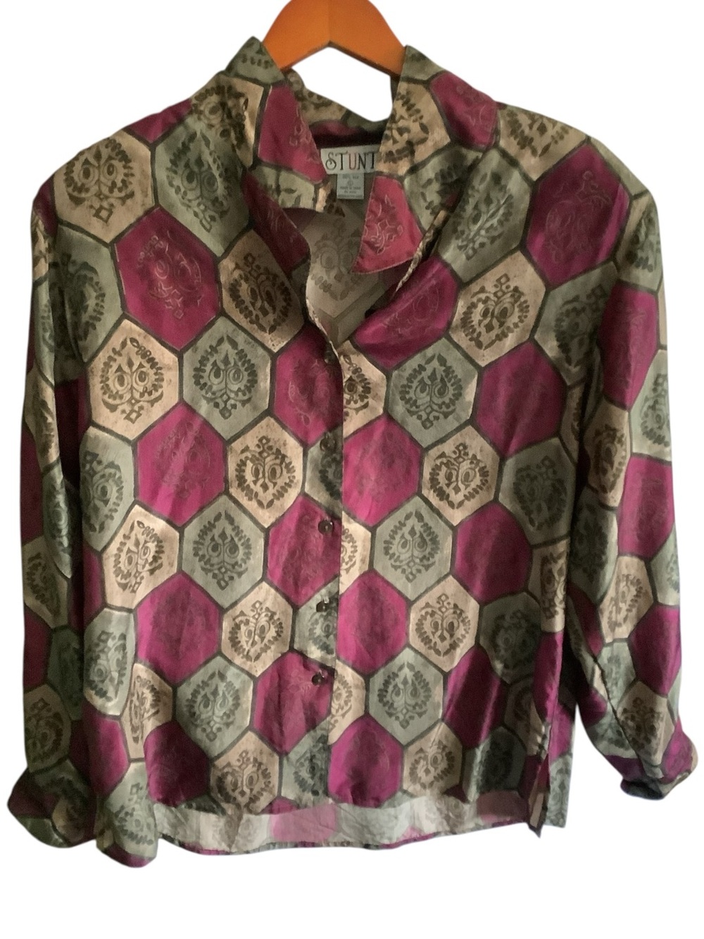 Large Vintage Stunt 100% Silk Patterned Blouse Shoulder Pads